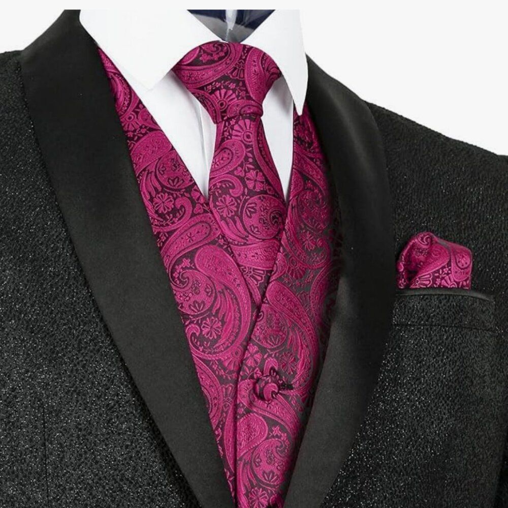 Fuchsia Paisley Mens 2XL Tuxedo Vest Bow Tie Necktie Square Cuff Link 5pc Tux